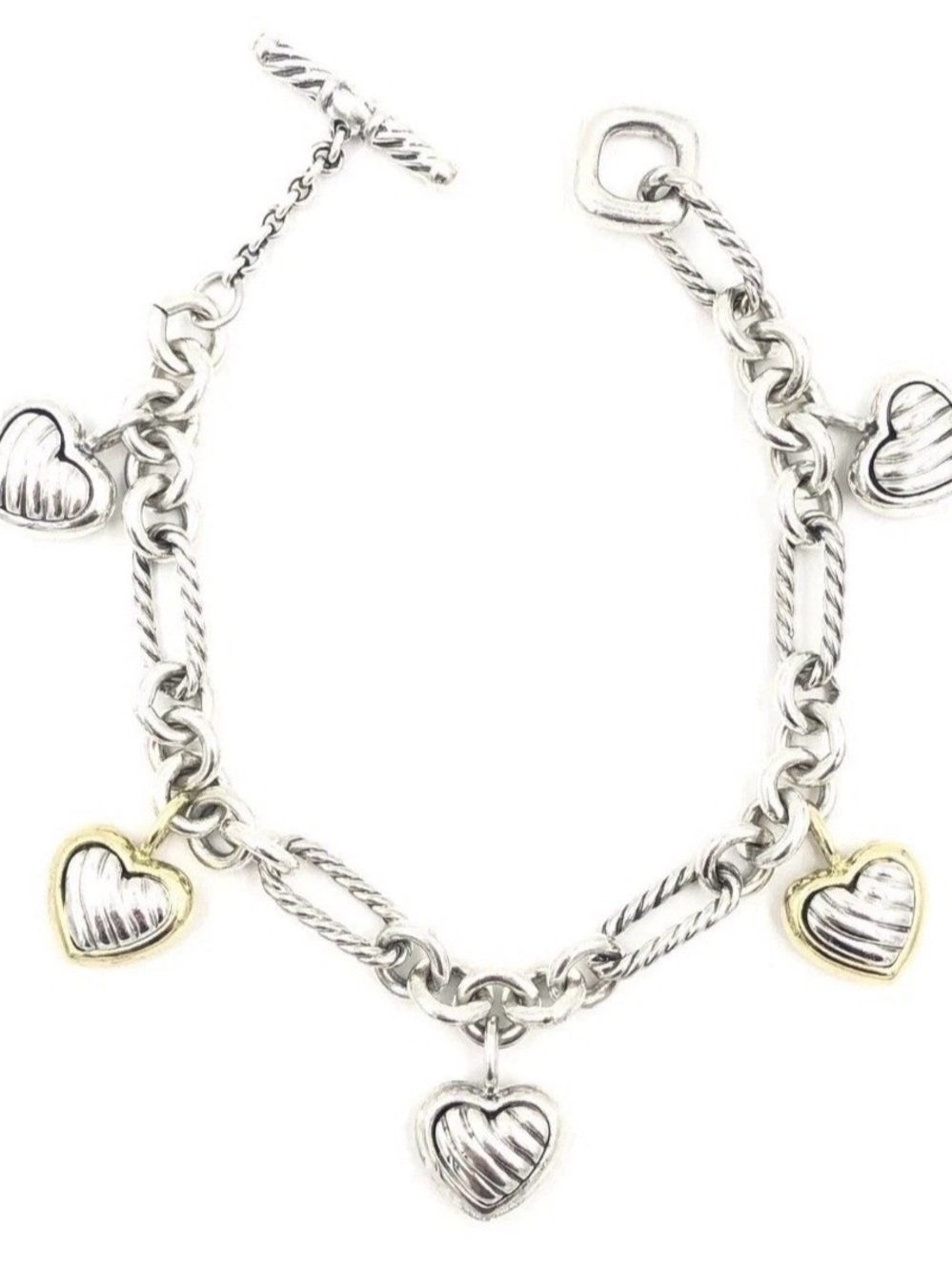 David Yurman 18K Dangling Cable 5 Hearts Charm Figaro Toggle 925 Bracelet